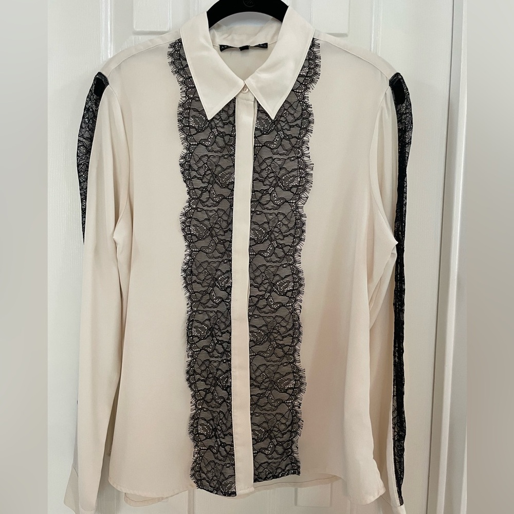 Ivory Button-Up Blouse with Black Lace Trim